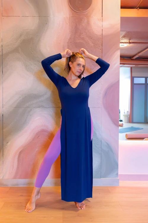 sukienka maxi, kobalt, v-neck, długi rękaw