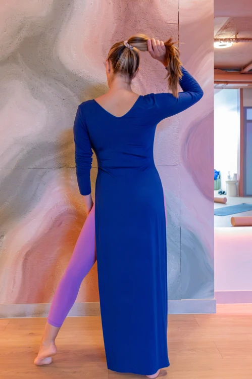 sukienka maxi, kobalt, v-neck, długi rękaw