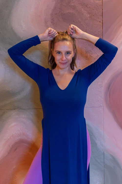 sukienka maxi, kobalt, v-neck, długi rękaw